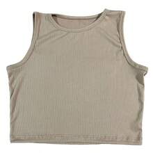 CONJUNTO DAMA SHORT CON BLUSA CROP LICRA  SIN MANGAS VARIOS COLORES CUELLO REDONDO SHORT AJUSTABLE - Caqui - Ver 3