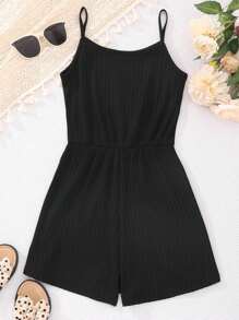 Teen Girls' Solid Color Textured Casual Romper With Spaghetti Straps - Black - View 2