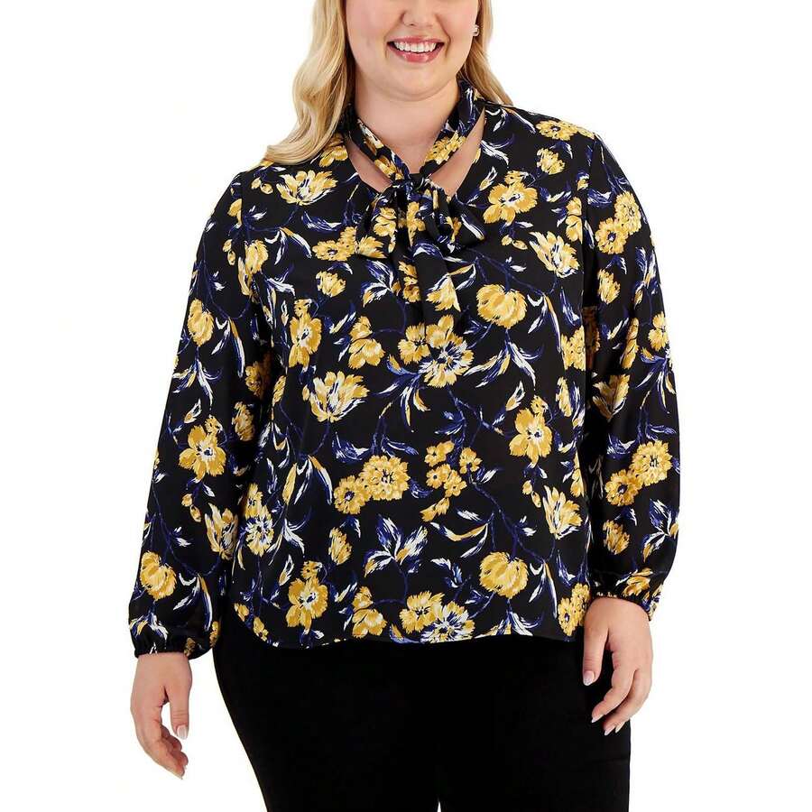 Kasper Plus Womens Floral Tie-Neck Blouse - kết hợp màu đen - Xem 1