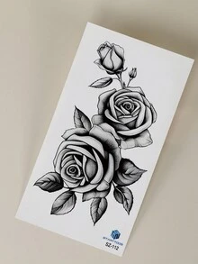 STARTTOOS 1 pieza Tatuaje temporal grande con diseño de flor de rosa negra y hojas para el pecho, la espalda o el brazo - Negro - Ver 5