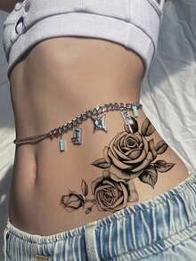 STARTTOOS 1 pieza Tatuaje temporal grande con diseño de flor de rosa negra y hojas para el pecho, la espalda o el brazo - Negro - Ver 2