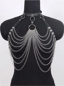 1 pièce Harnais chaîne de corps Lingerie sexy Femmes Soutien-gorge chaîne sexy en PU Haut harnais cage pour femmes Cosplay - Noir - Voir 5