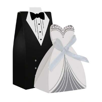 Hộp kẹo 100 chiếc chủ đề váy cưới & áo đuôi tôm kèm ruy băng, phổ biến cho tiệc chia tay cuộc sống độc thân, tiệc cưới, Giáng sinh