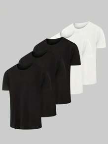 5pcs/Set Tween Boys Black Crew Neck Short Sleeve T-Shirts, Soft & Comfortable Tees Suitable For Casual Daytime And Warm Nights! Kids Graphic Tees - Black and White - View 1