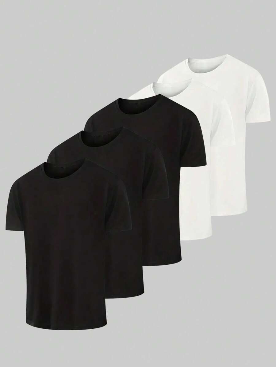 5pcs/Set Tween Boys Black Crew Neck Short Sleeve T-Shirts, Soft & Comfortable Tees Suitable For Casual Daytime And Warm Nights! Kids Graphic Tees - Black and White - View 1