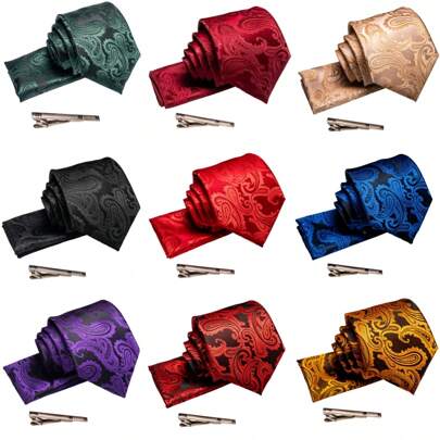 Men's Fashionable Classic Nut Shaped Tie, Pocket Square And Tie Clip Set, 8cm Regular Width For Business And Wedding Attire