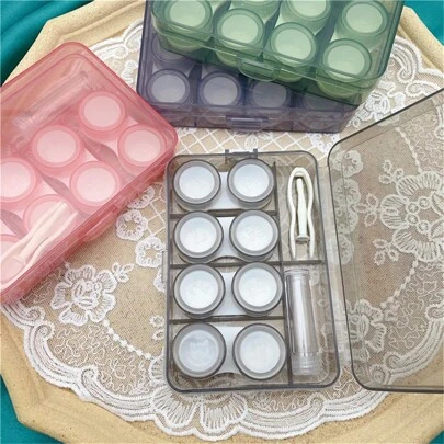 1入組便攜式四件套隱形眼鏡盒,包含清潔液瓶,雙頭鉗子和隱形眼鏡棒