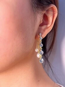 Rhinestone & Faux Pearl Decor Earring Jackets - Yellow Gold - View 5