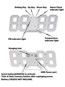 1 件 LED 3D 数字时钟，带温度和闹钟，创意 USB 电子钟，壁挂式或桌面时钟，家居装饰，房间装饰闹钟卧室装饰宿舍装饰返校学校装饰学校惊喜 - 白色 - 查看 6