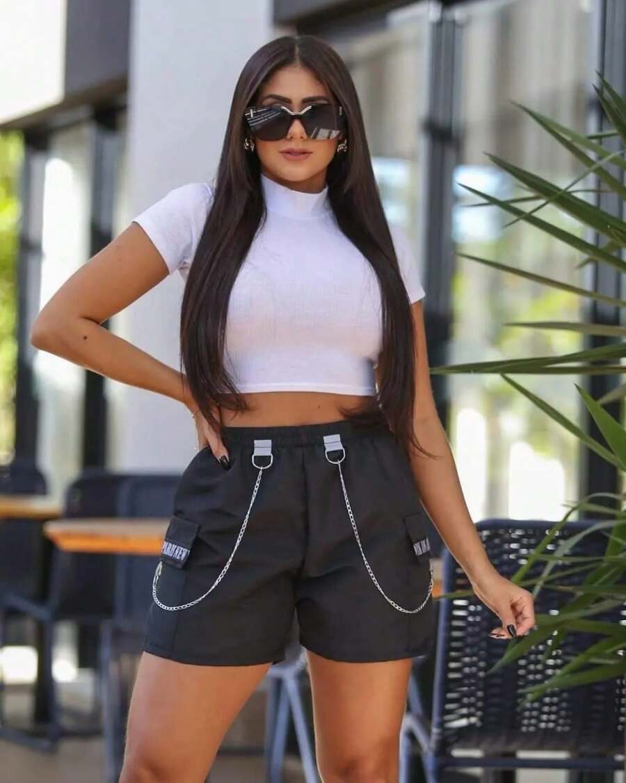 Short Feminino Tactel  moda blogueirinha - Preto - Visão 1