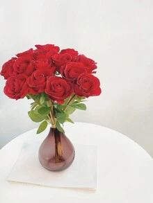 5 件丝绸花束，浪漫简约 5 头红玫瑰，家居装饰人造花，适用于婚礼、节日派对、户外活动，长度 40 厘米 - 酒紅色 - 查看 5