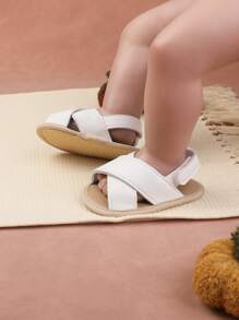 1 Par Sandalias Planas De Diseño De Gancho Y Bucle De Color Sólidos De Pu Para Niños, Adecuado Para Primavera Y Verano - Blanco - Ver 4
