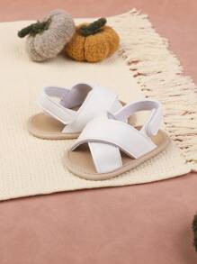 1 Par Sandalias Planas De Diseño De Gancho Y Bucle De Color Sólidos De Pu Para Niños, Adecuado Para Primavera Y Verano - Blanco - Ver 5
