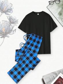 女性休閒純色t恤配時尚格子長褲家居服裝2入組 - 藍色 - 查看 1