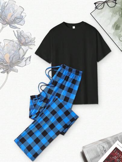 女性休閒純色t恤配時尚格子長褲家居服裝2入組
