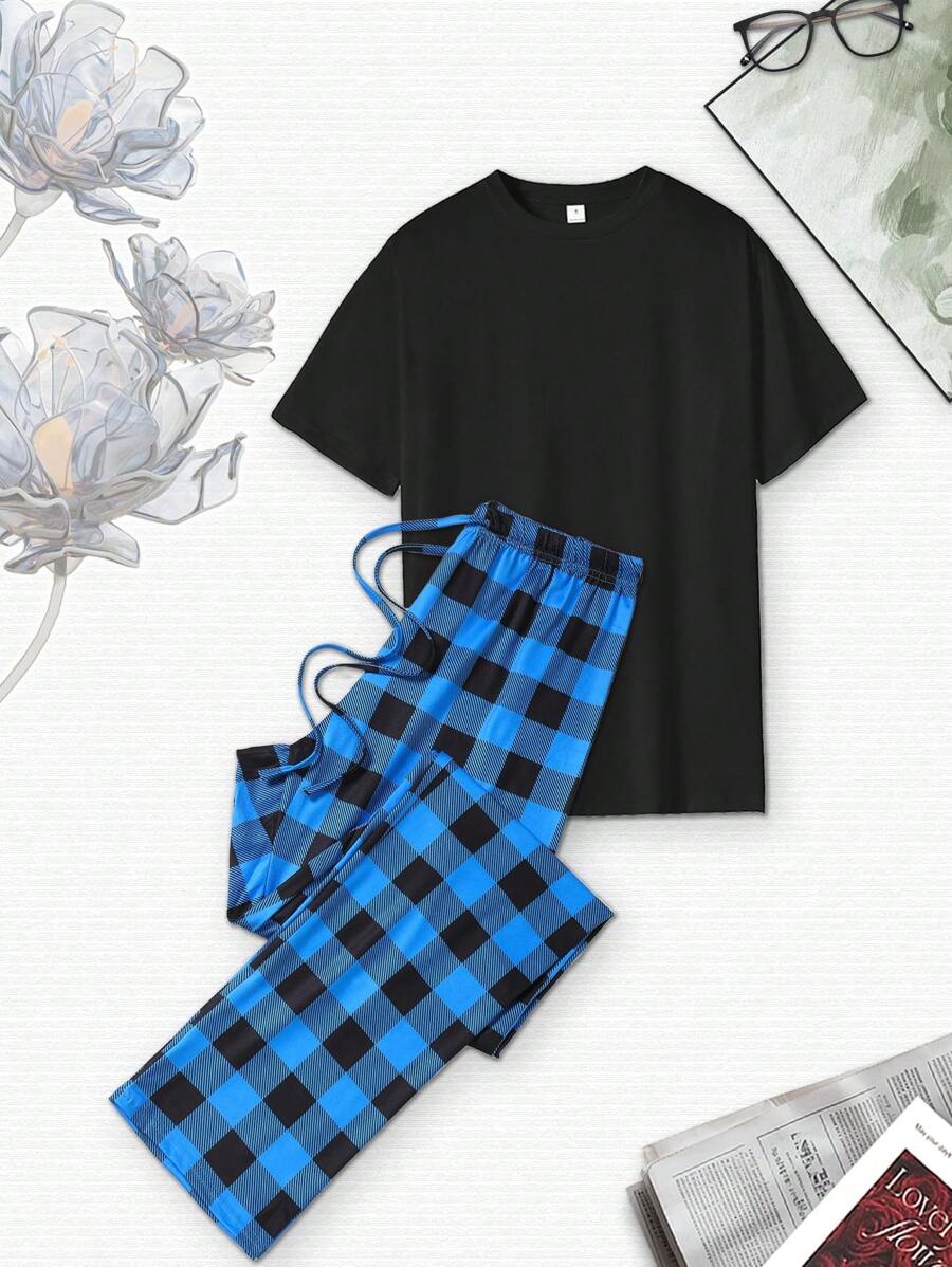 女性休閒純色t恤配時尚格子長褲家居服裝2入組 - 藍色 - 查看 1
