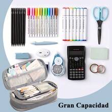Estuche para Lápices de Grande Capacidad, Lapicera Organizador Expandible, Bolsa de Utiles Oficina, Estucheras Lapiceras Aesthetic para Plumones y Colores, Papelería con Cremallera (Gris) - Gris - Ver 4