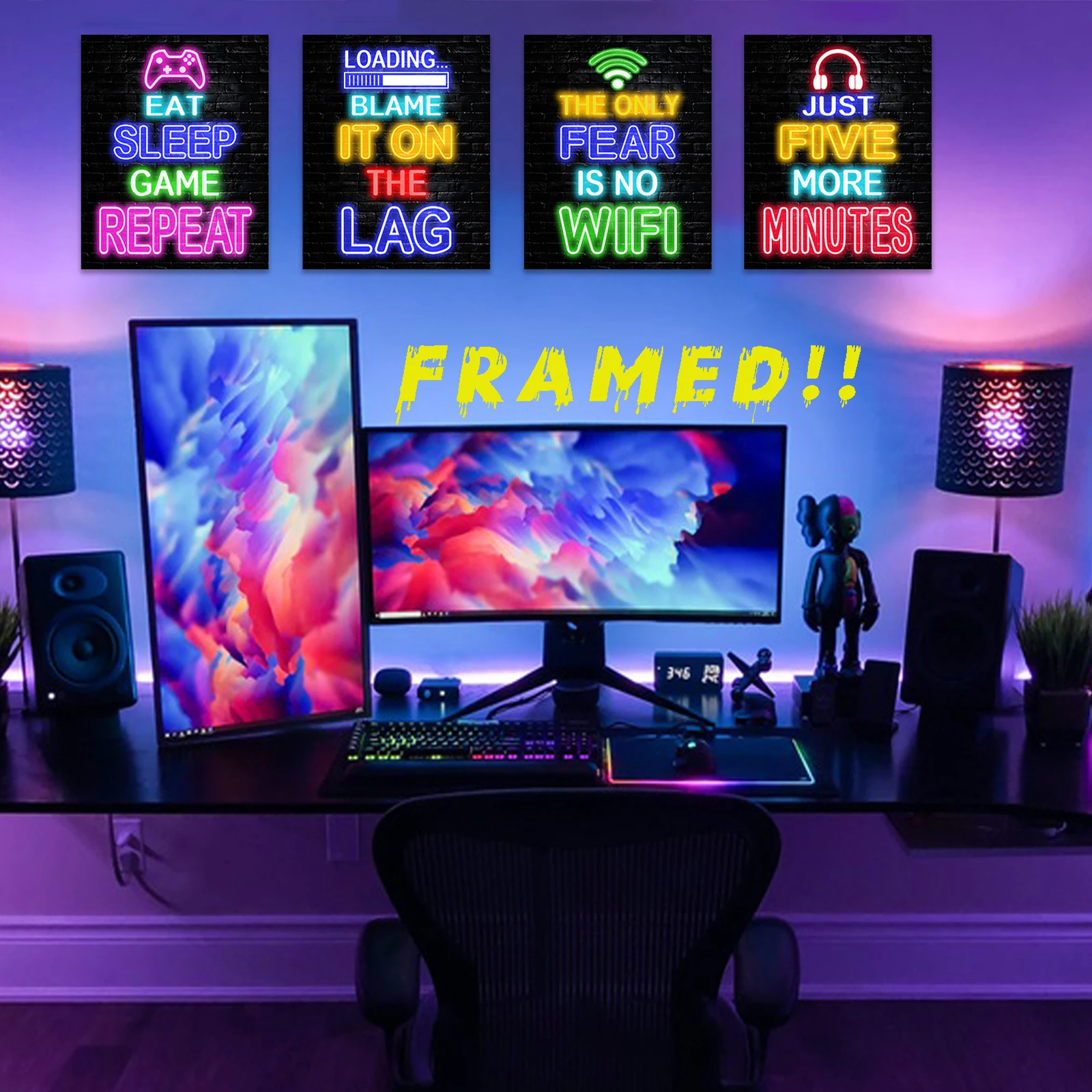 Video Game Room Decor For Boys - Gaming Wall Art - Neon Gaming Room Decor - Game Poster FRAMED 8 ...