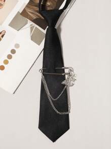 1 件时尚女士纯色黑色/红色/深蓝色/棕色/绿色蝴蝶设计链条装饰可拆卸配饰黑色领带适合日常派对装、学校 - 黑色 - 查看 4