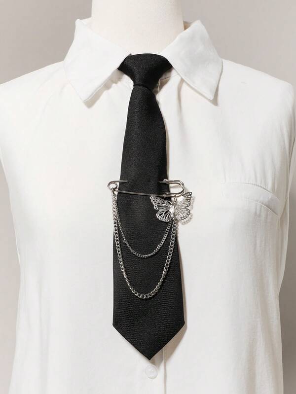 1pc Fashionable Women Solid Color Black/Red/Dark Blue/Brown/Green Butterfly Design Chain Decoration Detachable Accessory Black Necktie Suitable For Daily Party Outfit,School