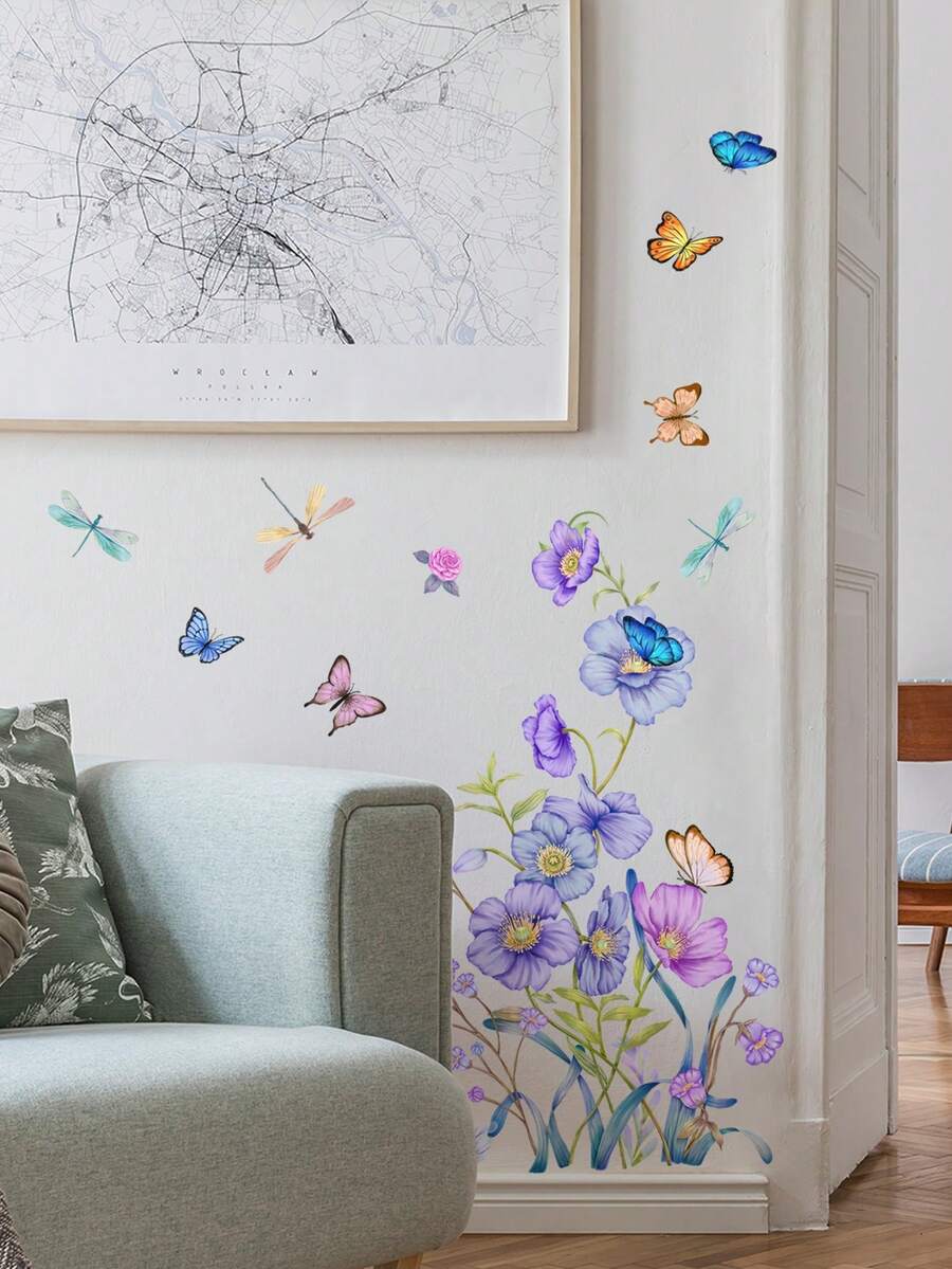 1pc Self-Adhesive Wall Sticker, With Plants, Flowers, Butterflies, Dragonflies, For Living Room, Bedroom Home Decor - Multicolor - View 1