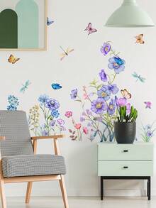 1pc Self-Adhesive Wall Sticker, With Plants, Flowers, Butterflies, Dragonflies, For Living Room, Bedroom Home Decor - Multicolor - View 4
