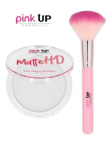 Polvo Translúcido Compacto Matificante + Brocha Profesional Bigo Powder Brush PINK UP Makeup Maquillaje