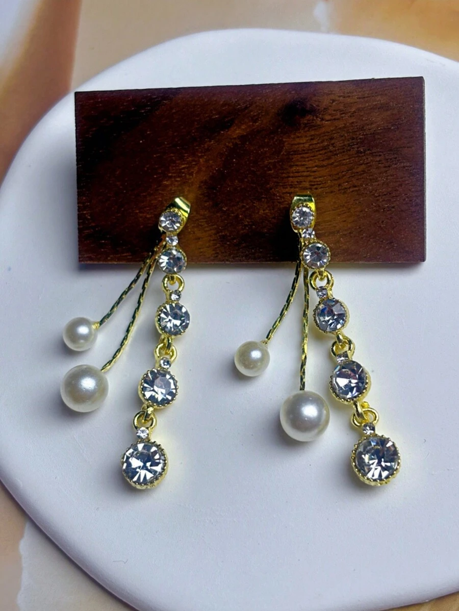 Rhinestone & Faux Pearl Decor Earring Jackets - Yellow Gold - View 1