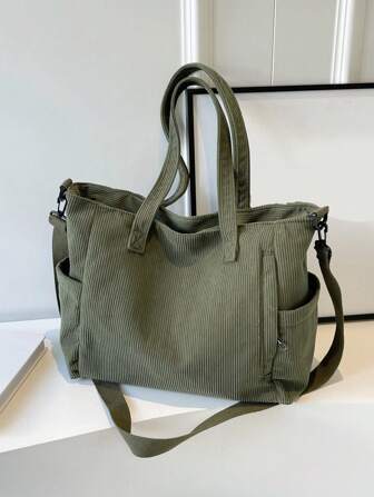 여성 통근용 대용량 학생 클래스 숄더 크로스바디 핸드백 단순한 직장인 더블 핸들 쇼핑백을 위한 솔리드 컬러 코듀로이 토트백