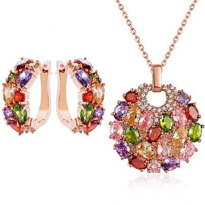 3 CÁI Bộ Sang trọng Mona Lisa Tròn Zirconia NỮ Vòng khuyên tai Dây chuyền Lễ cưới Đồ trang sức Đối với Mặc hàng ngày Mẹ Qủa tặng