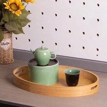 1个竹木长方形托盘，简约设计，适用于放茶、杯子、餐桌、烧烤等场合 - 卡其色 - 查看 2