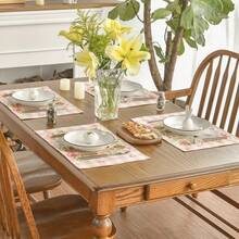 4入組兔子和花印花復活節餐墊12*18英寸麻質桌墊,適用於季節性假期,可洗滌且抗污染 - 彩色 - 查看 3