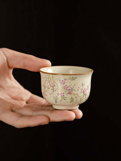 1pc Beige Ru Kiln Porcelain Tea Cup, Classical Kungfu Tea Set, Midsize Host Cup, Suitable For Daily Tea Party, Coffee Brewing, Gift Giving, Etc. Back To School
