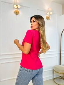 100%棉高浮雕女短袖t恤 - 玫紅色 - 查看 4