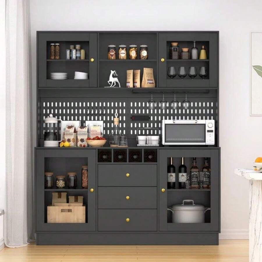 VOWNER 63" Kitchen Pantry With Outlets, Buffet Hutch With Pegboard, Cup