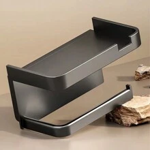 1 pieza Soporte simple de caja de pañuelos de plástico, sujetador de doble capa para rollo de papel higiénico, organizador de baño - Negro - Ver 9