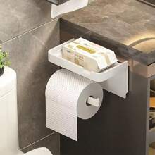 1 pieza Soporte simple de caja de pañuelos de plástico, sujetador de doble capa para rollo de papel higiénico, organizador de baño - Negro - Ver 2