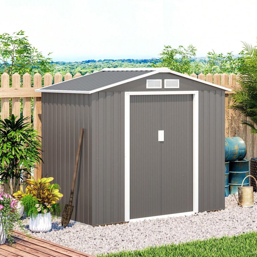 Outsunny 鋼板花園棚工具架,2.42 平方米帶滑動門的鋼製花園棚,213x130x185 厘米 - 灰色 - 查看 1