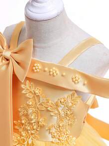 Vestido de tule com alças finas e renda de cetim e malha de cor sólida com decoração de laço, vestido formal elegante adequado para festa de aniversário, não inclui acessórios para cabelo