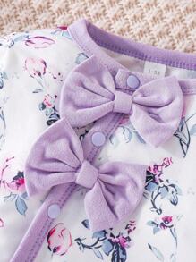 女婴长袖可爱印花纽扣连体衣+帽子 - 紫色 - 查看 6
