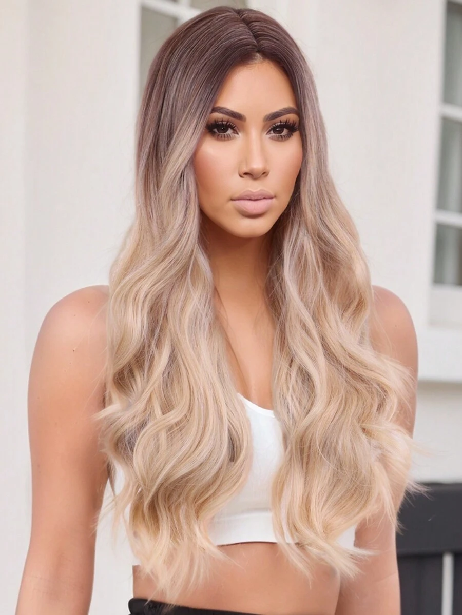 Vàng Màu xám Biến đổi dần Tóc Châu âu Người Mỹ Tóc giả Của phụ nữ Dài Quăn Dợn sóng Tóc giả tổng hợp Đối với Hằng ngày Buổi tiệc Sử dụng - Vàng - Xem 1