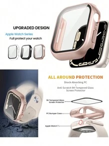 三合一保护壳，带钢化玻璃屏幕保护膜，适用于 系列 11/10/9/8/SE2/7/6/SE/5/4/3/2/1 49mm/46mm/42mm/45mm/44mm/41mm/40mm，超薄保护保险杠全覆盖硬质 PC 保护套高清超薄保护套，兼容 - 玫瑰金 - 查看 7