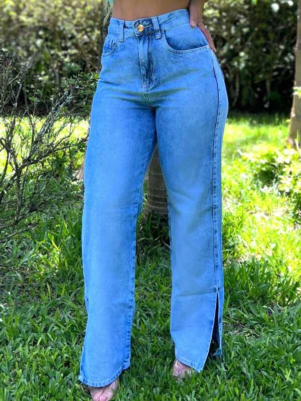 Calça Jeans Feminina WideLeg Abertura Lateral Na Barra