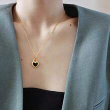1 Peça Colar Corrente de Clavícula com Pingente de Fechadura em Formato de Coração Preto e Branco de Aço Inoxidável da Moda, Dia dos Namorados