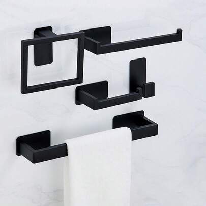 Bộ phụ kiện treo đồ dùng nhà tắm bằng thép không gỉ, gồm thanh treo khăn dày dặn có vòng treo khăn, móc treo áo choàng không cần khoan, giá đựng giấy vệ sinh, kệ đựng đồ nhà tắm.