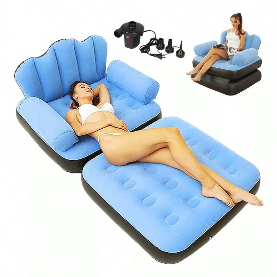 Sillón Inflable Sofá Cama 198cm Plegable Portátil 2 En 1,Sofá inflable con bomba de aire para exteriores, sofá perezoso para adultos, cama inflable multifuncional cinco en , cómodo sillón plegable, flocado de PVC, perfecto para relajarse y leer