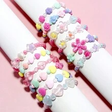 1入組女孩可愛花朵和心形吊墜鑲嵌手鍊,適用於節日、派對、生日禮物,隨機顏色 - 彩色 - 查看 1