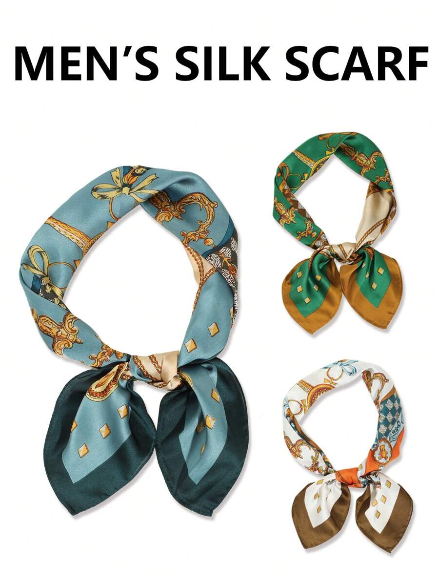 1pc Men's Fashionable Chain Pattern Retro Punk Style Printed Silk Scarf For Traveling And Going Out - A - View 1