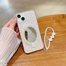 1個加厚防摔手工落膠和激光白色閃粉橢圓形鏡子和玫瑰和珍珠裝飾的女式手機殼,適用於apple,samsung和huawei - 無色 - 查看 4