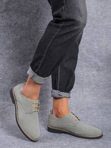 Men's Suede-Like Breathable Round Toe Low-Cut Lace-Up Low Heel Pu Leather Shoes For Casual, Everyday Wear In All Seasons
